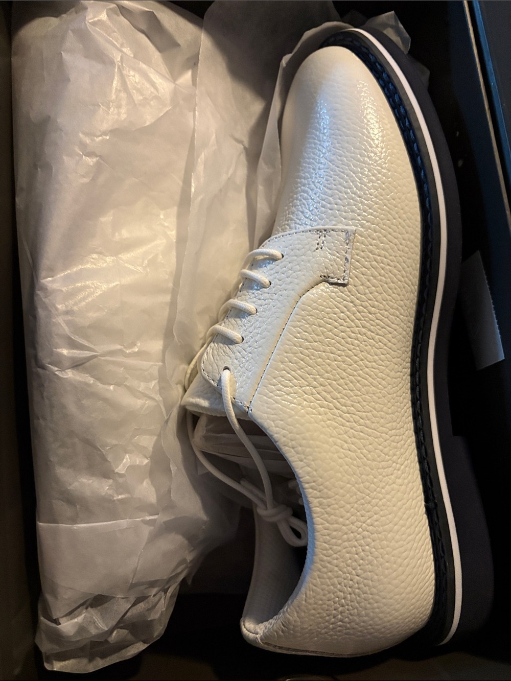 G/FORE White Pebbled Leather Lace-Up Oxfords with Black Trim